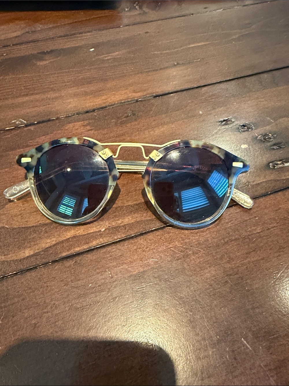 KREWE Round Tortoiseshell Frame Sunglasses with Blue Lenses